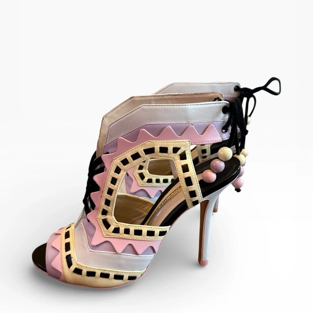 Sophia Webster Riko Leather Pastel Multicolor Cut-Out Lace-Up Heels EU 37 US 7